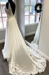 V Neck and V Back White Lace Long Prom Dresses, White Lace Wedding Dresses, Long White Formal Evening Dresses